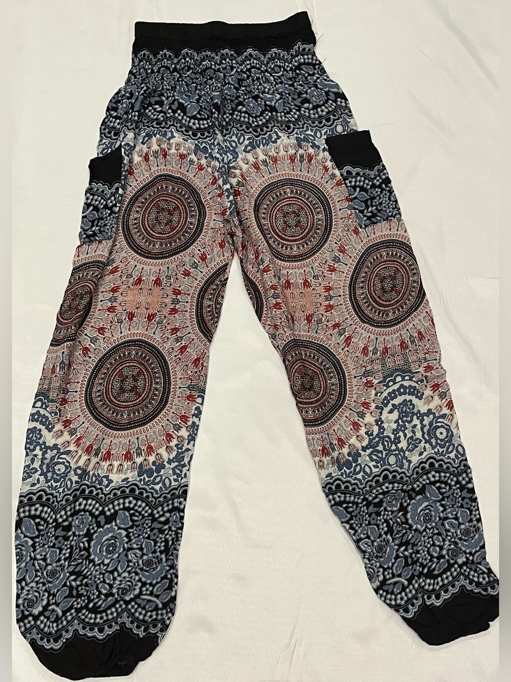 Boho Medallion Print Harem Pants - Blue, Black & Red